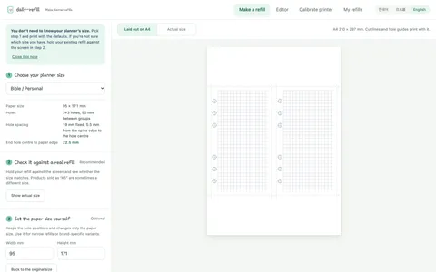 Quick start — planner size (A6 / personal) and hole spec on the left, and an A4 preview on the right with two grid refills laid out with trim marks and hole guides
