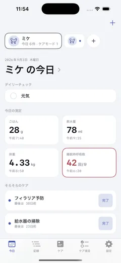 今日の画面 — ミケの今日の記録6件、ごはん28g・飲水量78ml・体重4.33kgのタイルと、しきい値を超えて赤く出た睡眠時呼吸数42回/分、その下に期限を過ぎたフィラリア予防と給水器の掃除