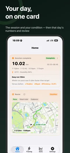 Home screen: the completed session card with distance, pace, heart rate and cadence, temperature and humidity, the gap against target, and a route map coloured by pace