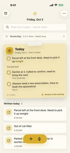 Home screen: the Today post-it for Friday, Oct 2 holds today's "pick up the parcel tonight" plus two carried-over tasks (a dentist confirmation from yesterday, and new glasses on day 4), 0 of 3 done. Yesterday's sheet sits folded above, and three notes written today are listed below