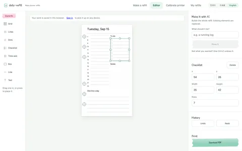 Editor — a daily-plan refill with a title, a 7–22 timeline, a to-do checklist, dotted notes and a one-line journal; the checklist is selected, opening its position and size panel. The document is sample content, not an AI-generated layout