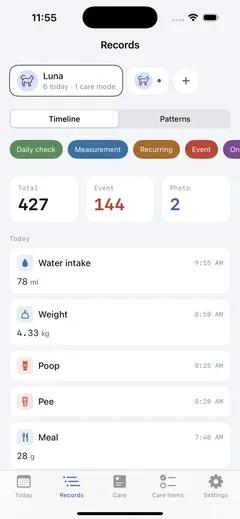 Records tab timeline — a summary of 367 entries, 108 events and 2 photos, with the day stacked in time order (water, weight, feces, urine, meal) under a row of pattern filter chips