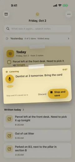 Dictation: a post-it over the home screen is listening (0:07) and has transcribed "Dentist at 3 tomorrow. Bring the card", with Discard and Stop and save buttons