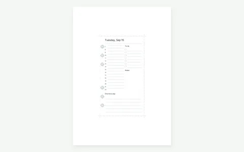 Downloaded PDF — the first page of a PDF actually downloaded from the sample document in the editor, composited over the app background: one refill centred on A4 with trim marks and hole guides