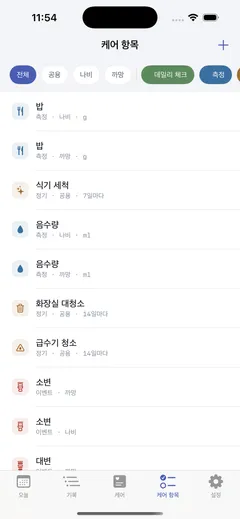 케어 항목 화면 — 공용·고양이별·패턴으로 거르는 항목 목록. 밥과 음수량은 고양이마다 따로, 식기 세척과 급수기 청소는 공용으로 7일·14일 주기가 붙어 있다