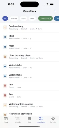 Care items screen — the item list filtered by shared, per-cat, or pattern. Meal and water intake belong to each cat, while bowl washing and water fountain cleaning are shared and carry 7-day and 14-day cycles