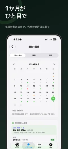 過去の記録カレンダー — 毎日の判定が色の点で残り、その月の回数・距離と先月の総評が文章で付く