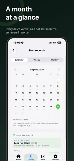 Past records calendar: each day's verdict as a coloured dot, with the month's count and distance and last month's summary in words