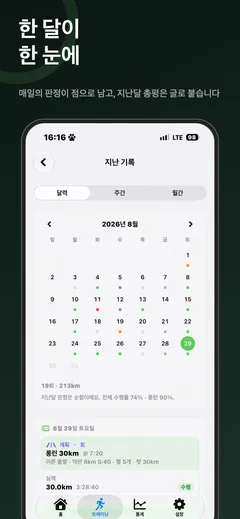 지난 기록 달력 — 매일의 판정이 색 점으로 남고, 그달의 횟수·거리와 지난달 총평이 글로 붙는다
