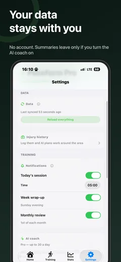 Settings screen: data sync and injury history, notification toggles, and the AI coach with its daily limit
