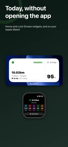 A Home Screen widget and an Apple Watch showing today's distance, pace, heart rate and energy without opening the app